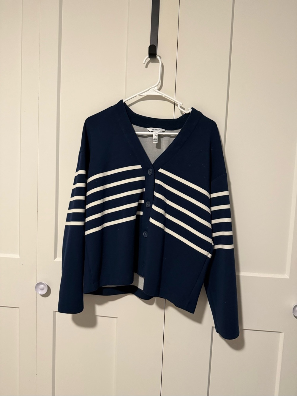 SPANX Navy and White Striped V-Neck Cardigan